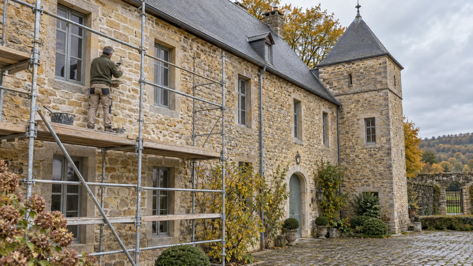 Maçon rejointoyant la façade en pierre d'une ferme-château sous échafaudage