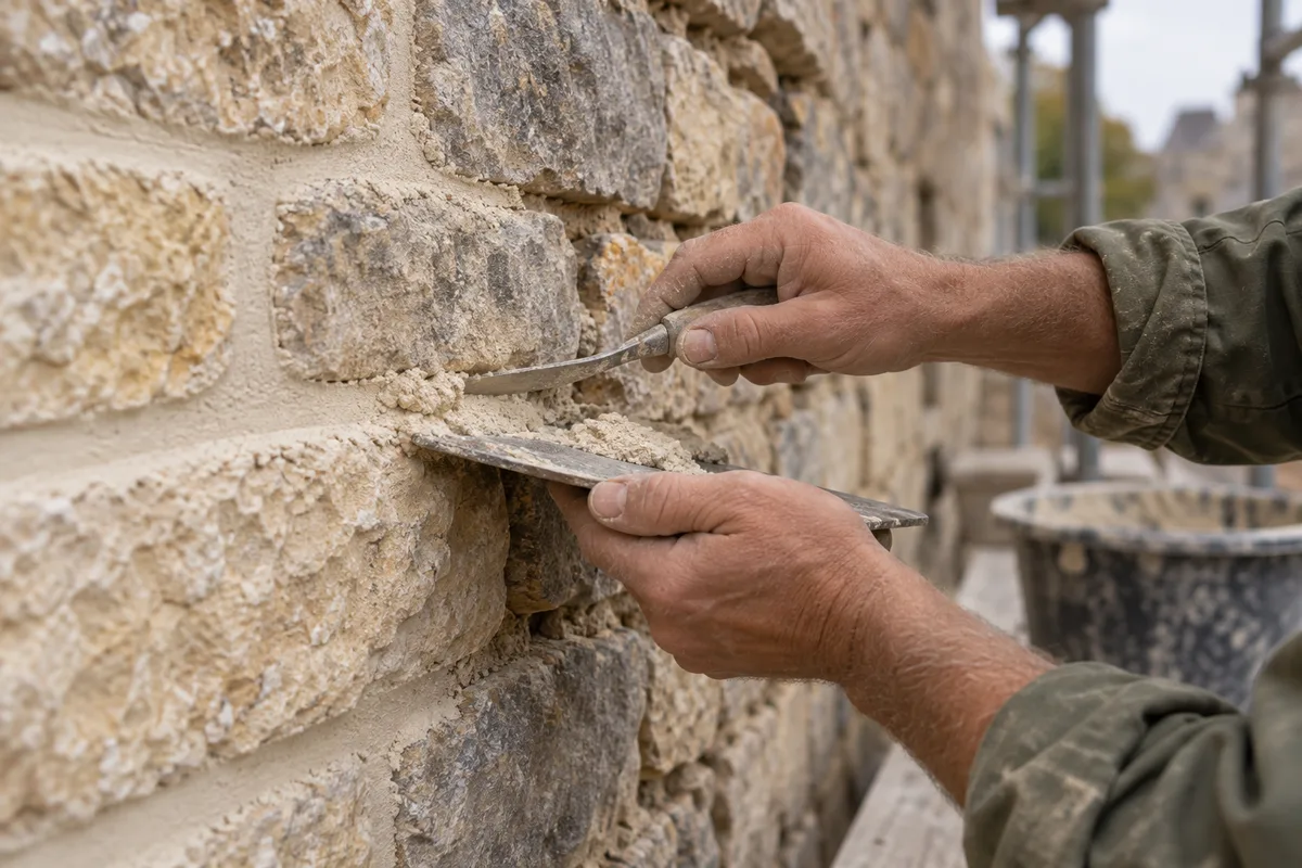 Mains pressant du mortier de chaux entre des pierres calcaires anciennes