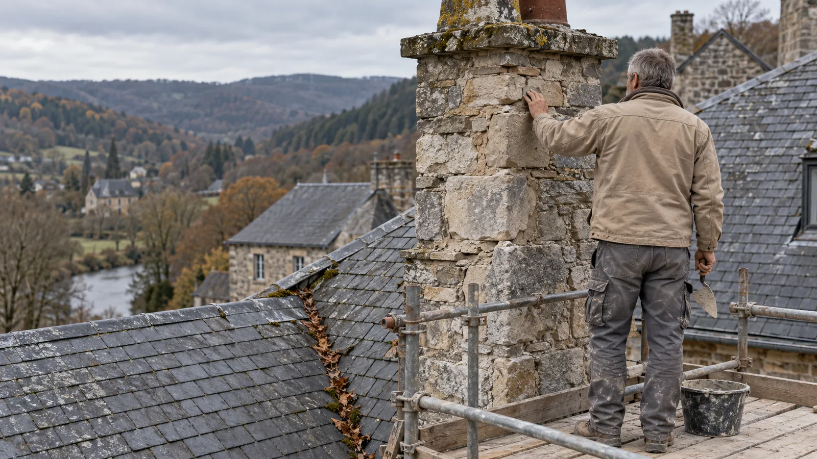 Maçon examinant une souche de cheminée en pierre sur échafaudage