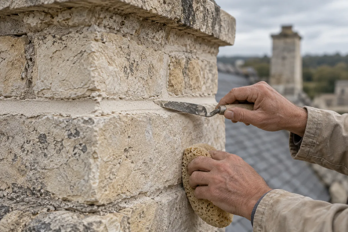 Truelle lissant un joint de chaux frais entre pierres calcaires