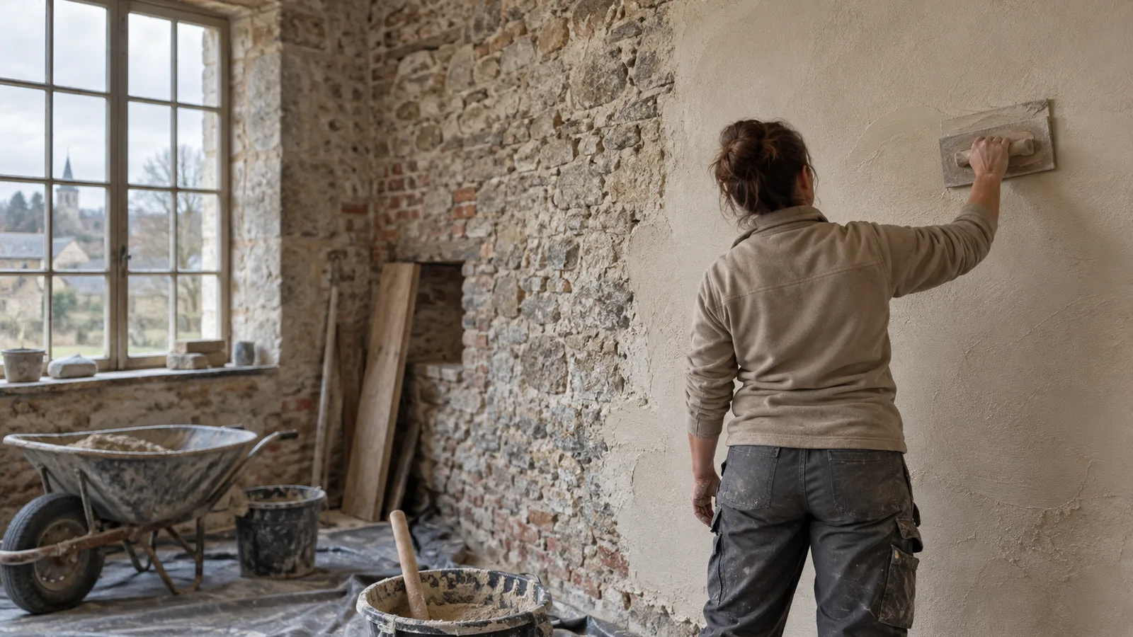 Maçonne lissant un enduit de chaux sur un mur ancien