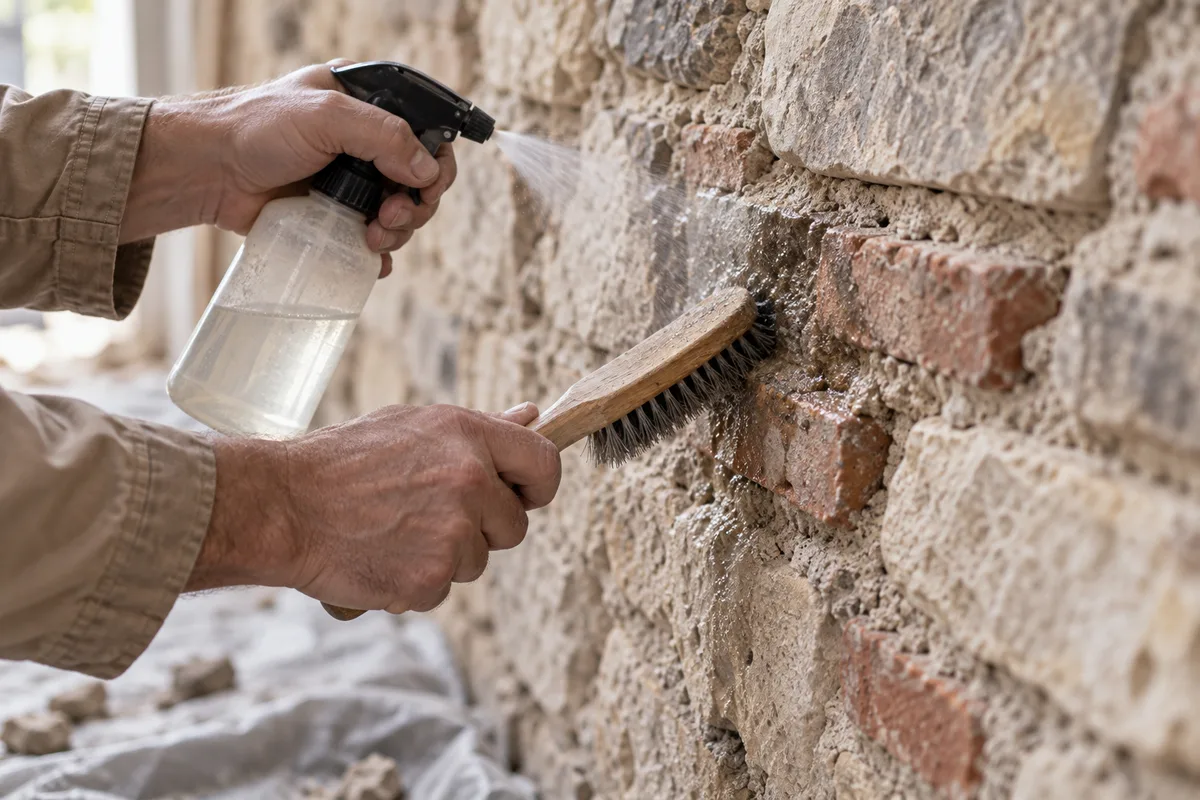 Mains brossant et humidifiant les joints d'un mur en pierre