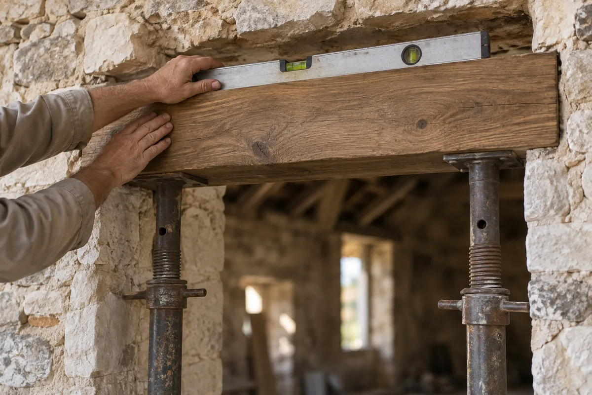 Maçon vérifiant au niveau un linteau en chêne étayé