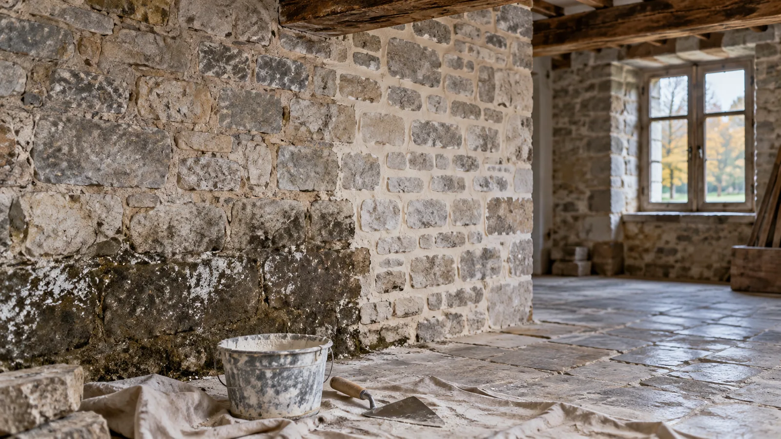 Auréole d'humidité remontant le bas d'un mur en pierres