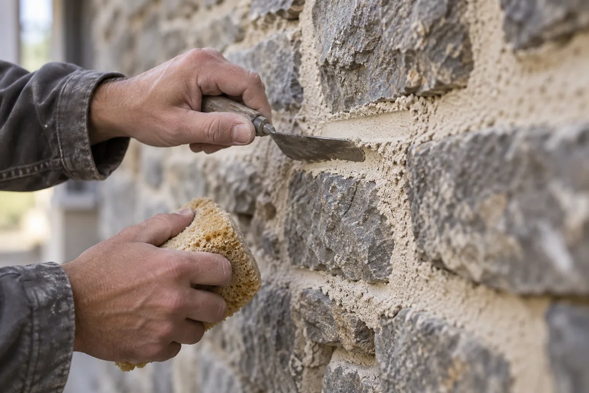 Mains lissant un joint de chaux entre moellons anciens