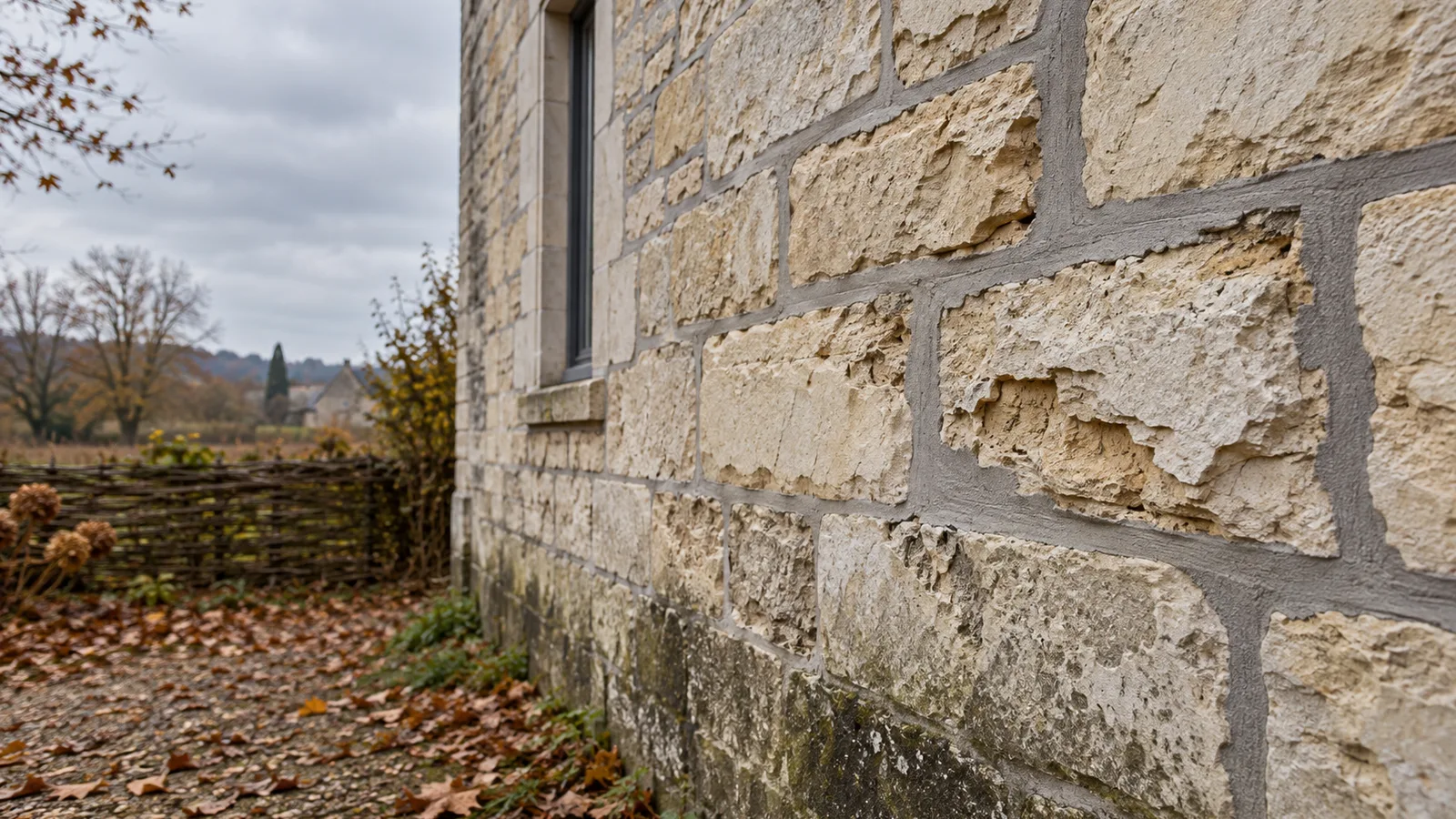 Mur en pierre calcaire abîmé par des joints de ciment trop durs