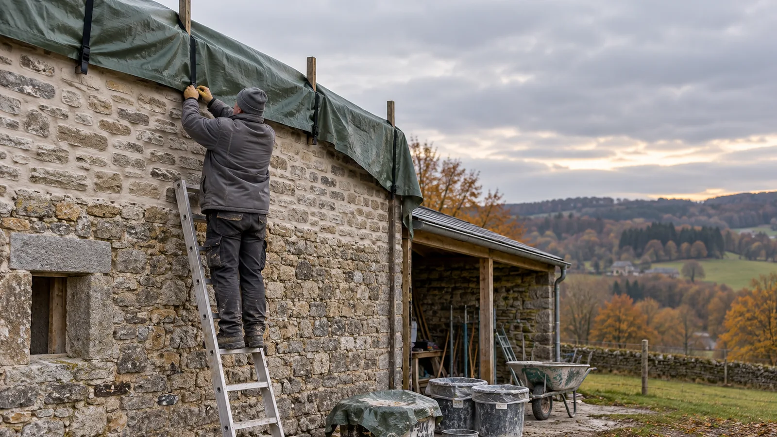 Maçon fixant une bâche protectrice sur un mur rejointoyé