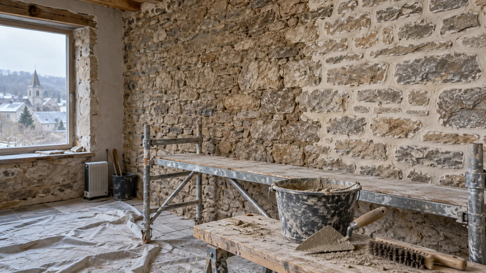 Mur intérieur en pierres calcaires aux joints en cours de reprise