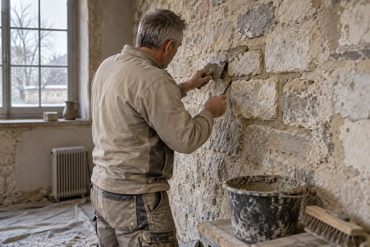 Maçon pressant du mortier dans un joint avec une truelle