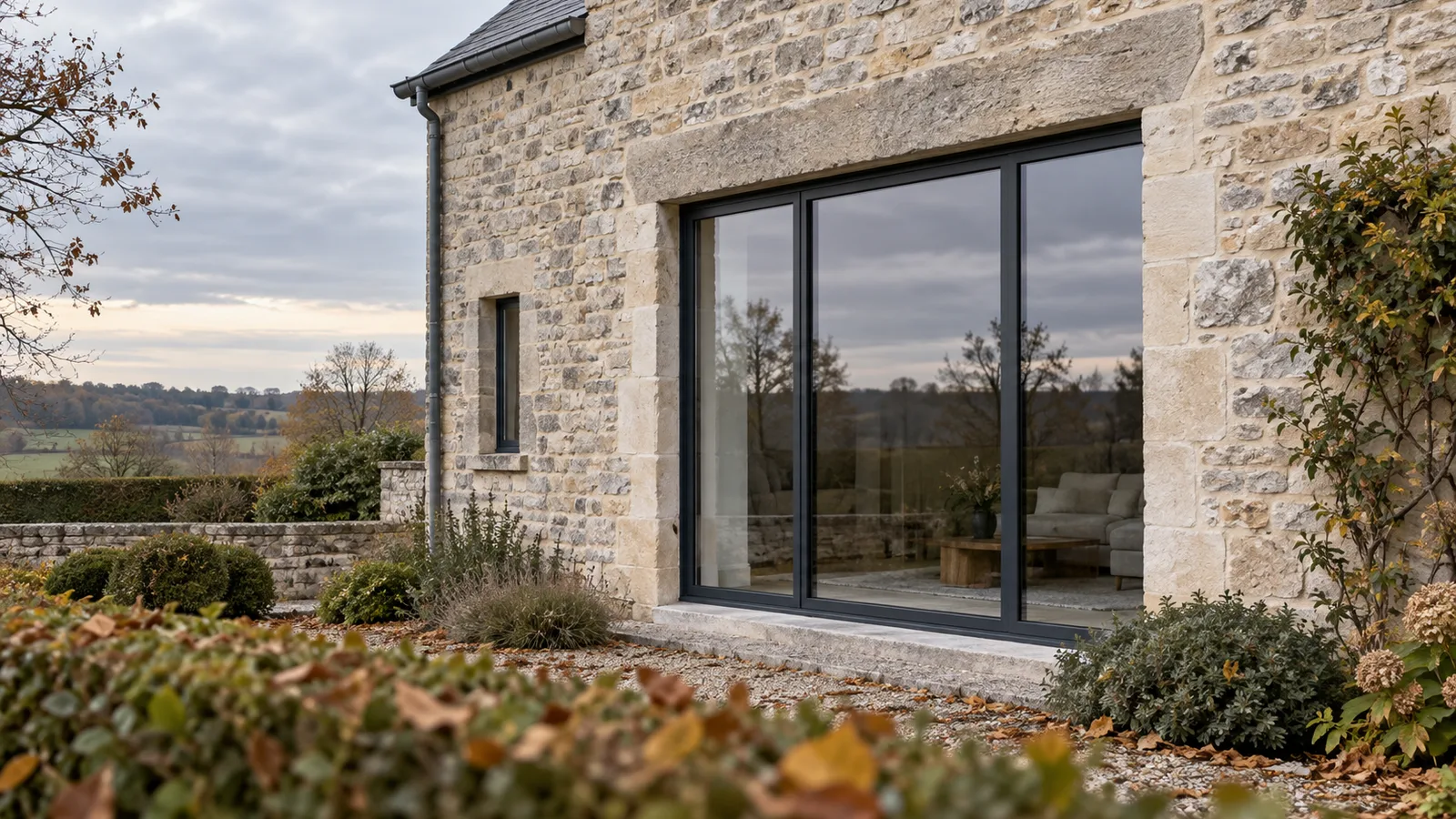 Baie vitrée neuve insérée dans la façade en pierre d'une maison ancienne