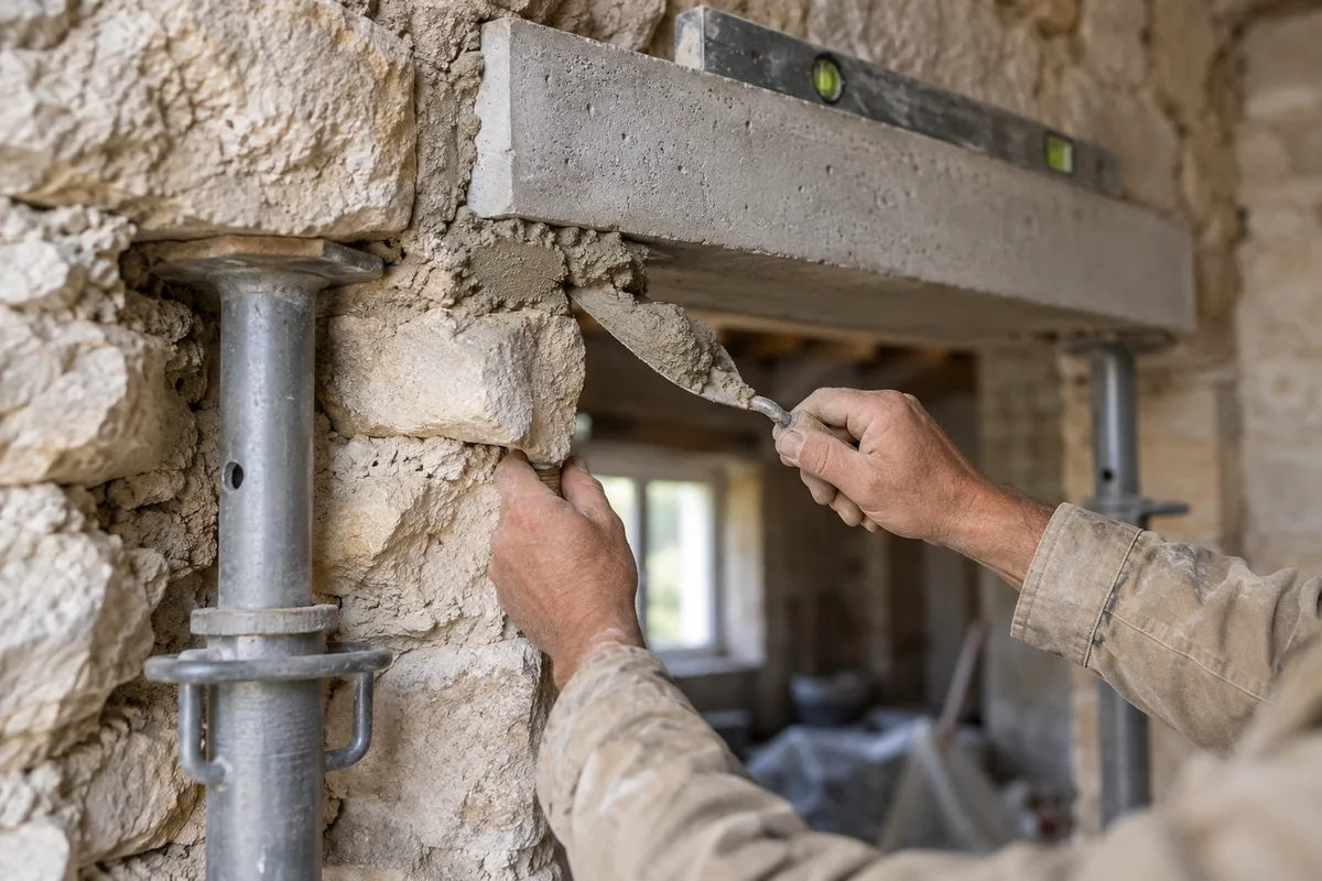 Maçon calant un linteau béton sur un lit de mortier frais