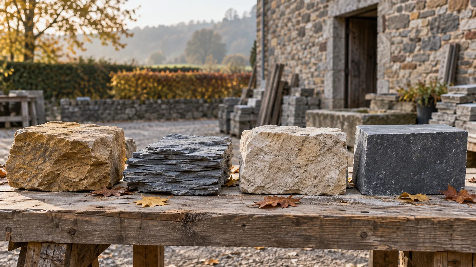 Quatre blocs de pierre naturelle alignés sur une table de chantier