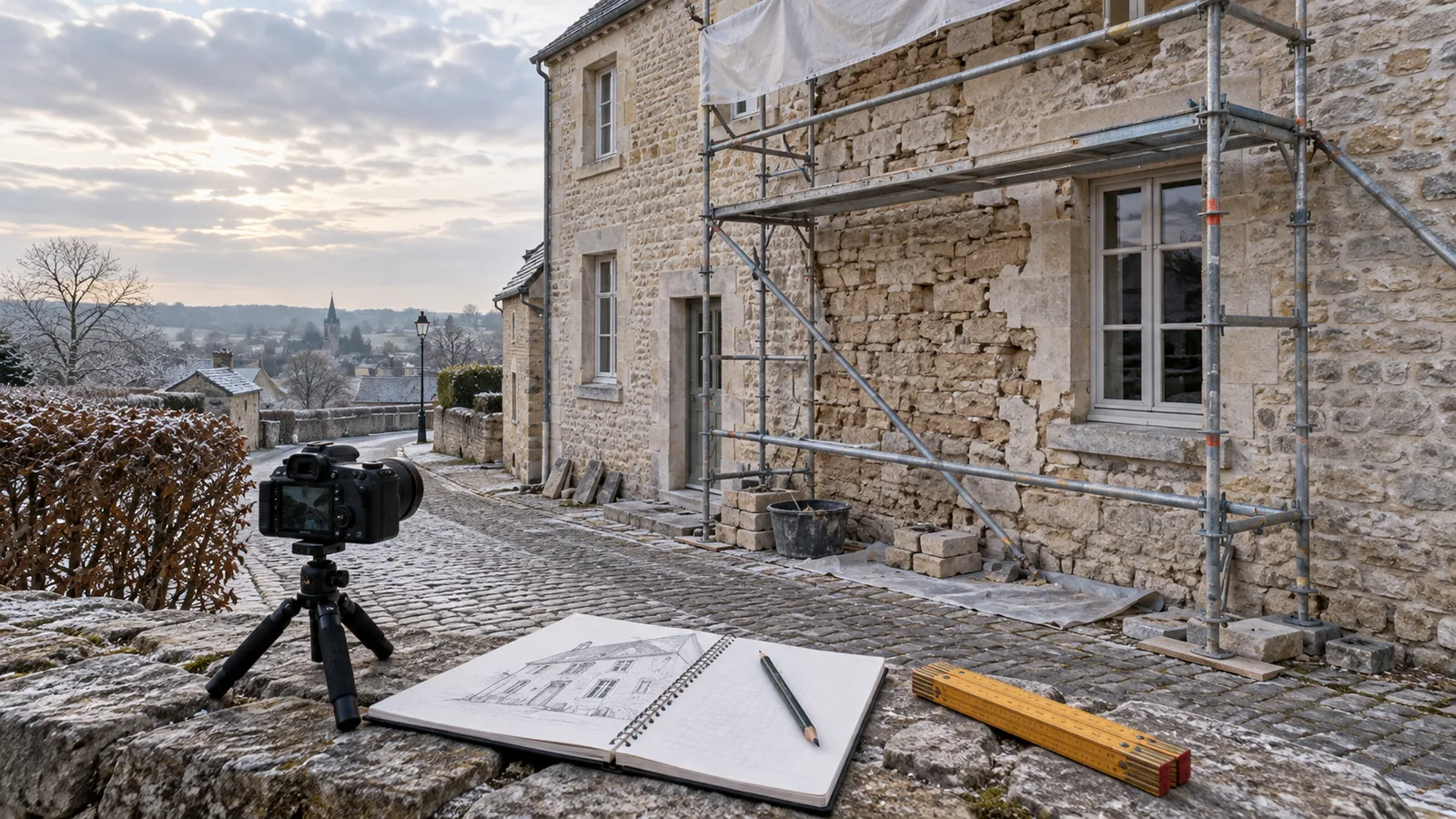 Échafaudage léger contre une façade en pierre avec carnet de croquis