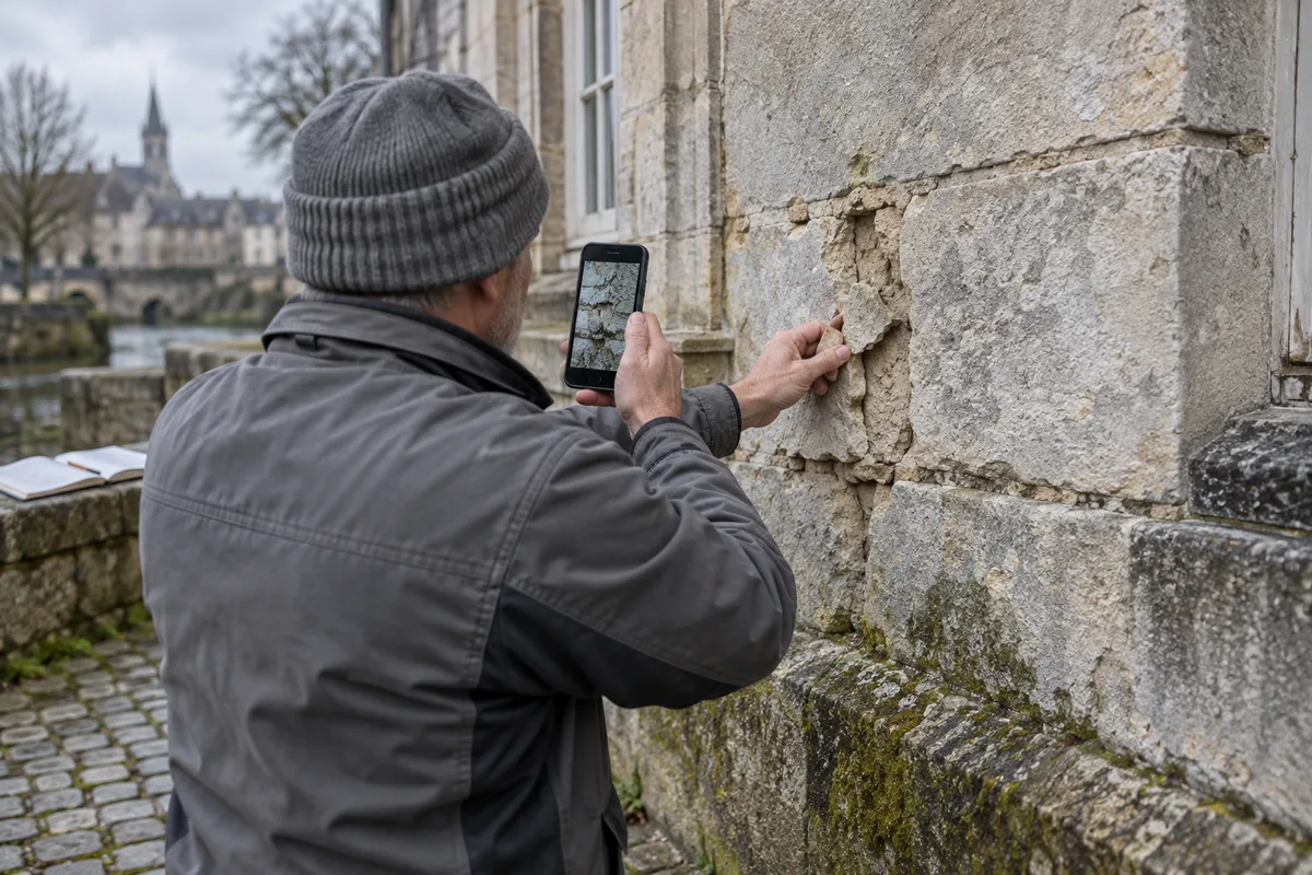 Maçon photographiant les joints dégradés d'un mur en pierre