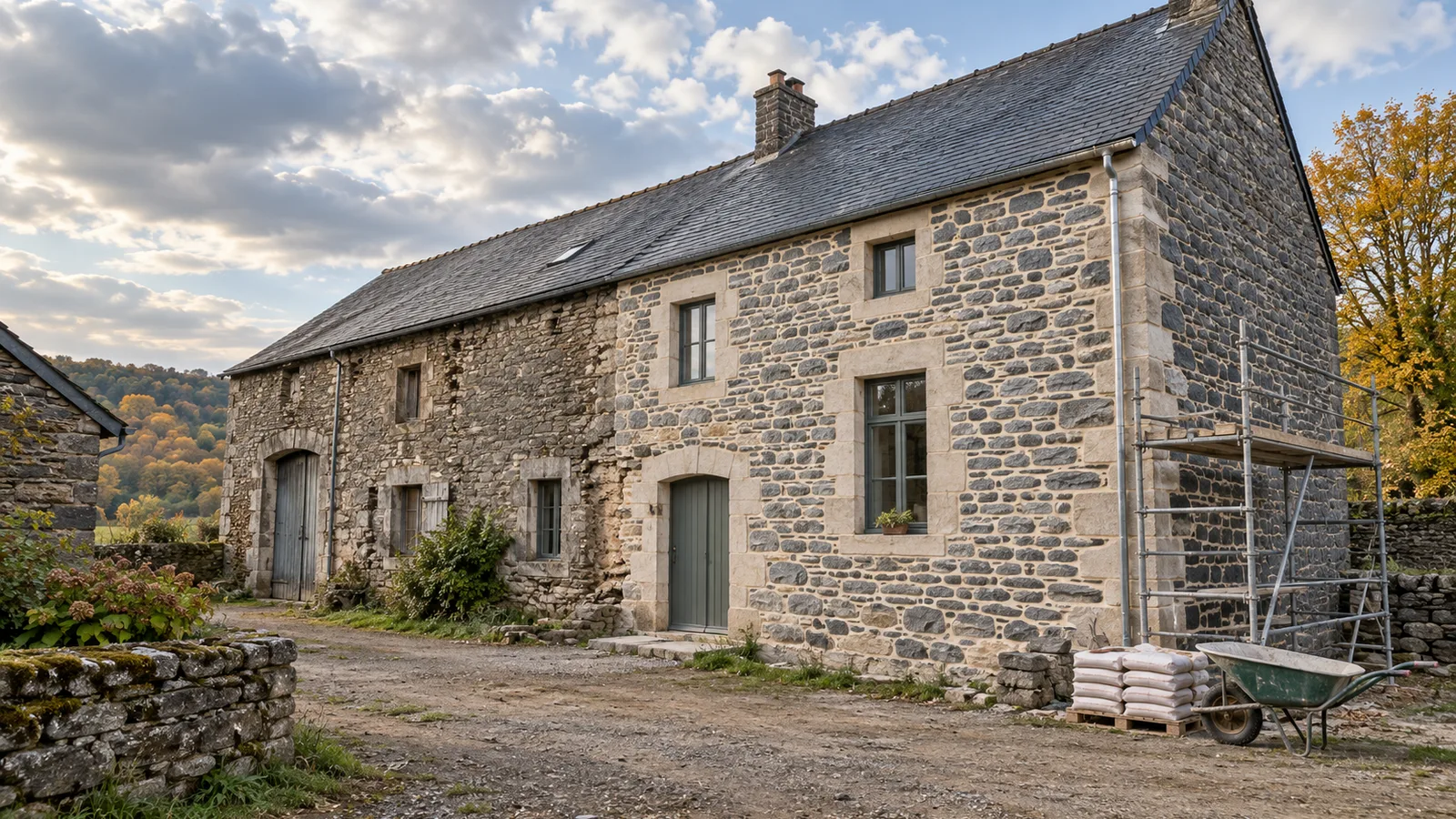 Façade de ferme en schiste en cours de restauration avec échafaudage