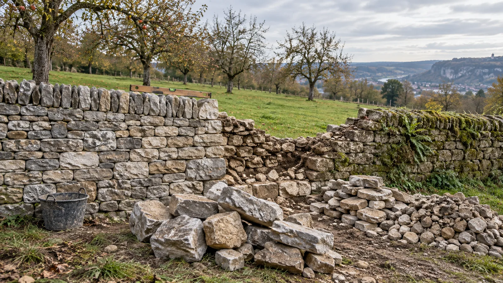 Mur de clôture en pierre sèche en cours de restauration près d'un verger