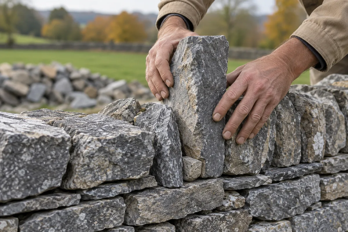 Mains calant une pierre de couronnement au sommet d'un mur